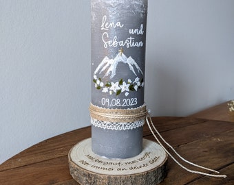 Hochzeitskerze Berge | weiße Blumenranke | Teelichteinsatz möglich I Baumscheibe optional