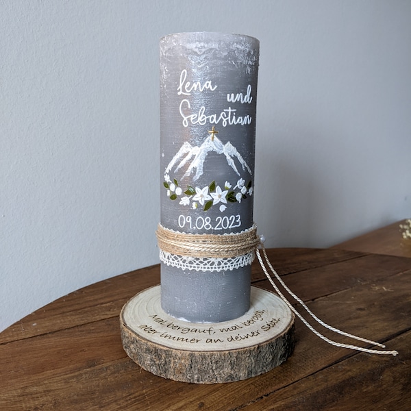Hochzeitskerze Berge | weiße Blumenranke | Teelichteinsatz möglich I Baumscheibe optional