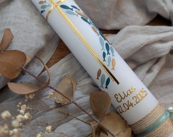 Communion candle/baptism candle in eucalyptus/gold *hand-decorated *real wax *personalizable