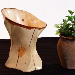May include: A handcrafted wooden vase with a unique, organic shape. The light-colored wood features dark brown edges and natural grain patterns. A small brown ceramic pot with green plants is next to the vase.