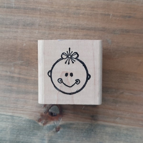 Small Vintage Baby Girl Happy Face Red Rubber Stamp