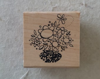 Flower Bundle In Vase And Butterfly Red Rubber Stamp