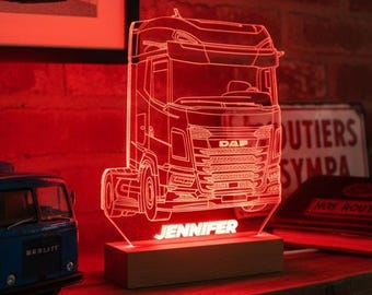 Personalized LED Lamp DAF XG Truck | Laser Engraved Plexiglass | Solid Beech Base | Unique Truck Driver Gift | 3D Truck Lamp