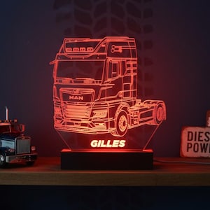 Personalized LED Lamp | Engraved MAN TGX Truck | Plexiglass Night Light | Beech Base | Truck Driver Gift | Personalized Truck Lamp