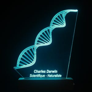Op de afbeelding: Een oplichtend cyaan LED-lichtdisplay met een driedimensionale draadmodel DNA-dubbelhelixstructuur. Onder de helix staat de tekst Charles Darwin, Scientifique - Naturaliste, alles gemonteerd op een rechthoekige voet tegen een zwarte achtergrond.