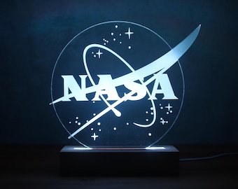 NASA Logo Lamp in Engraved Plexiglass | Unique Space Gift | NASA Logo Night Light | Solid Beech Base | Geek Desk Decor