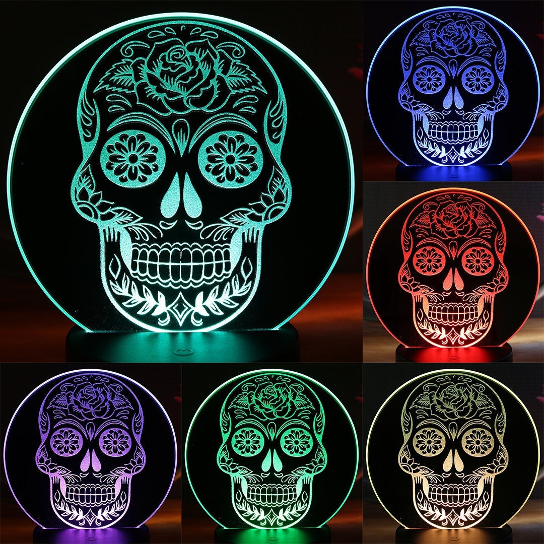 Lampe d'ambiance Miroir Crâne Mexicain à Led 16 Couleurs avec Télécommande - Lampe Illusion 3D