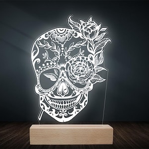 Lampe LED Crâne Mexicain Sugar Skull | Décoration Día de los Muertos | Ambiance Mexicaine | Tatouage | Calavera | Fête des Morts | Veilleuse