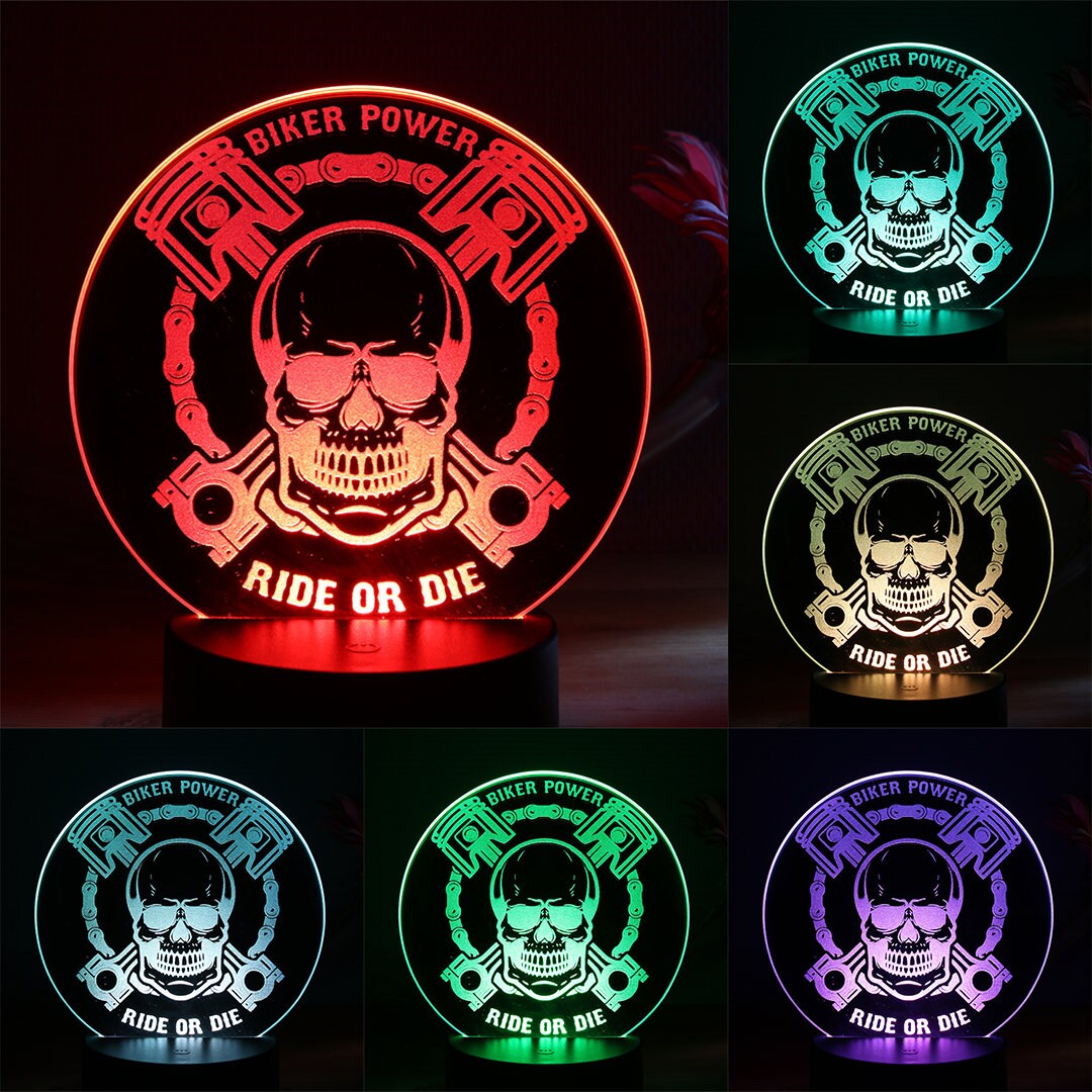 Lampe d'ambiance Miroir Biker Power Ride Or Die à Led 16 Couleurs avec Télécommande - Lampe Illusion