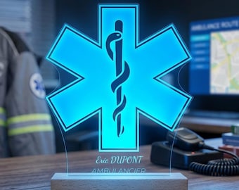 Regalo per paramedici – Lampada a LED Stella della Vita – Bacchetta di Asclepio – Regalo per tecnici di emergenza medica – Personalizzabile – Decorazione per ufficio