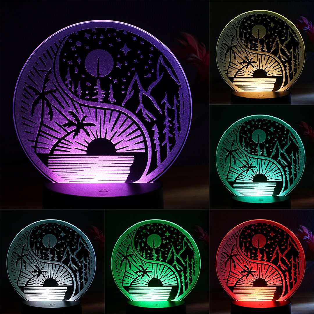 Lampe d'ambiance Miroir Yin Yang Soleil Lune à Led 16 Couleurs avec Télécommande - Lampe Illusion 3D