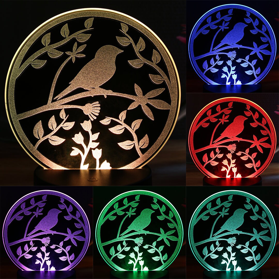 Lampe d'ambiance Miroir Hirondelle sur Arbre à Led 16 Couleurs avec Télécommande - Lampe Illusion 3D