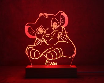 Personalized Simba LED Lamp | Lion King Inspired Night Light | Laser Engraved Plexiglass | Beech Wood | Children's Gift/Baby Room Decoration