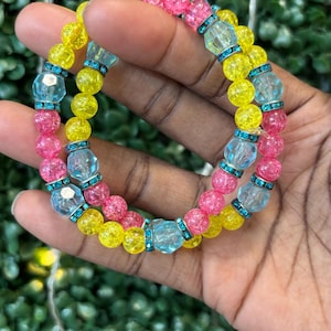 Candycore Beaded Stretch Bracelet: Pink, Yellow & Blue Rhinestone Jewelry