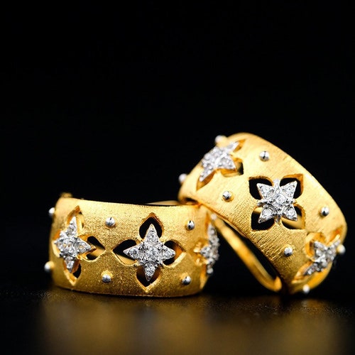 Italian Golden Royal Vintage 18k Gold Plated Sterling Silver Clip Earrings, Handmade Brush earrings, buccellati style, Van shops Cleef