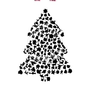 Op de afbeelding: Zwart-witte silhouet van een kerstboom gemaakt van verschillende dierlijke vormen.