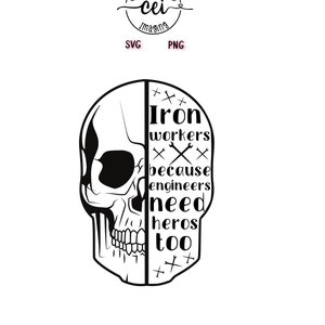 Puede incluir: Ilustración en blanco y negro de una calavera con el texto "Iron workers because engineers need heros too" en el lado derecho de la calavera.