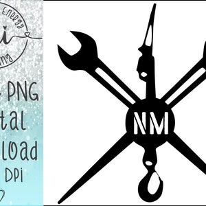 May include: Black and white silhouette of a wrench, a hook, and a screwdriver crossed over each other. The tools are centred around a black circle with the letters "NM" in white.