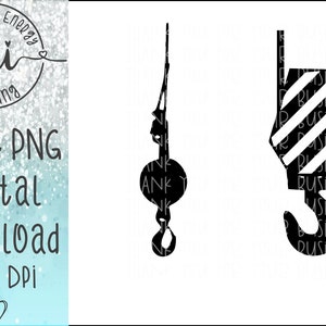 Puede incluir: Dos siluetas de gancho de grúa en blanco y negro. El gancho de la izquierda es un diseño simple. El gancho de la derecha tiene un patrón de rayas.