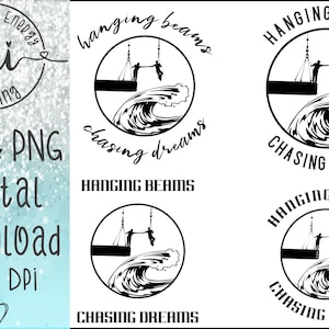 Peut inclure: Conception graphique en noir et blanc représentant un couple se balançant sur des poutres au-dessus d'une vague avec le texte "Hanging Beams Chasing Dreams".