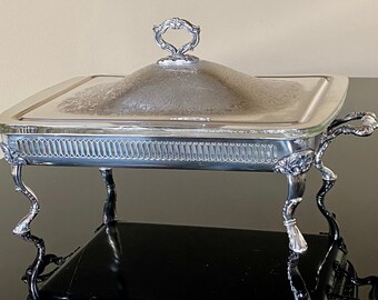 Vintage Pyrex Casserole Dish with Silver Footed Stand