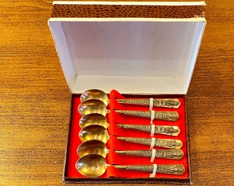 Demitasse Vintage Spoons, Set of 6 Gold Tone Brass Enamelled Thai Tea or Coffee Spoons with Original Box