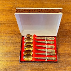 Demitasse Vintage Spoons, Set of 6 Gold Tone Brass Enamelled Thai Tea or Coffee Spoons with Original Box