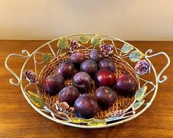 Vintage Very Rare French Metal and Wicker Basket with Metal Floral Design