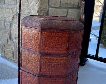 Vintage Asian Wicker Rattan 3 Tier Basket Stand / Bohemian Wedding Sewing Basket