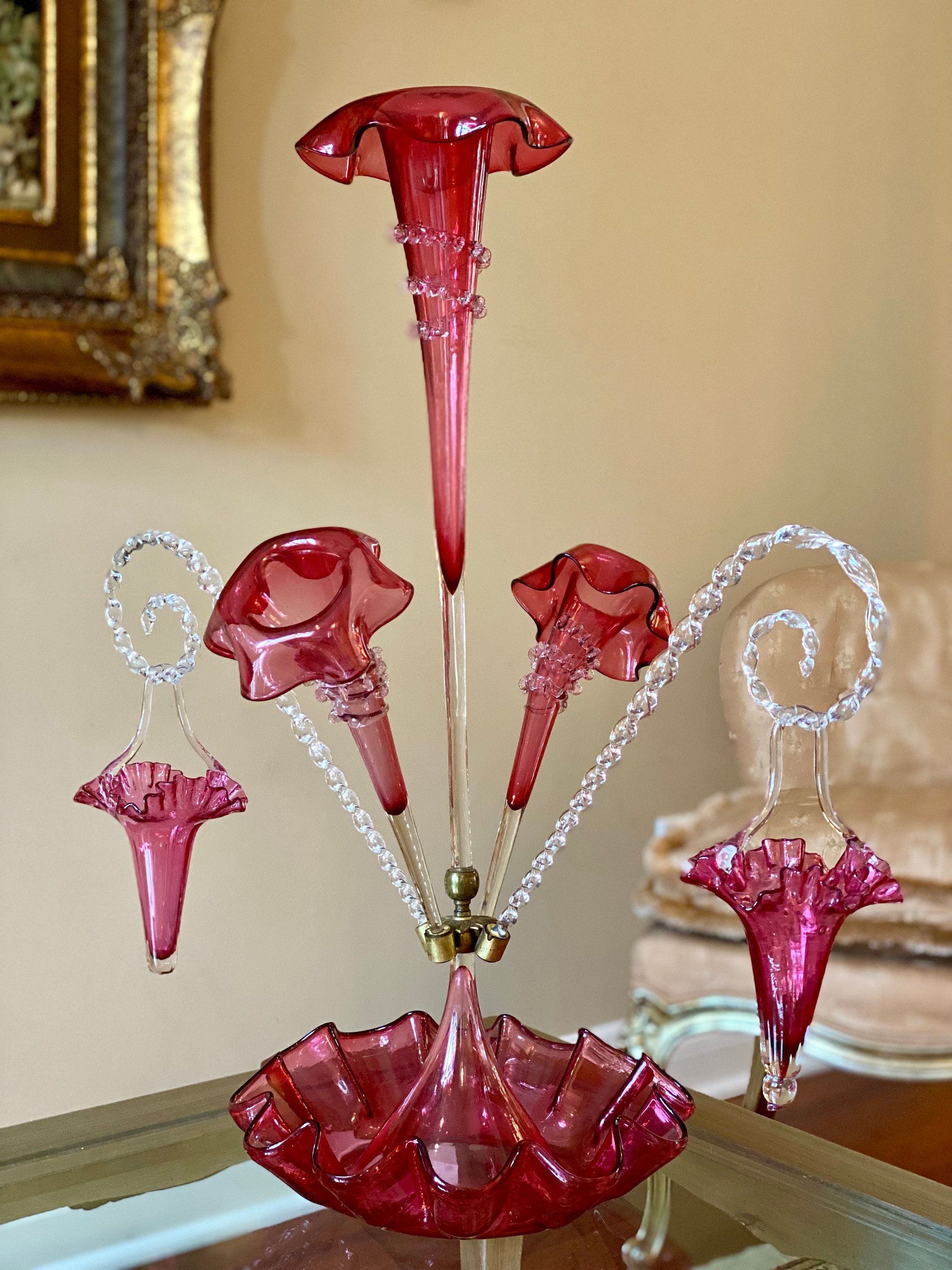 Antique Victorian Cranberry Glass Epergne, 3 Trumpets and 2