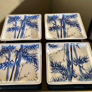 Vintage Japanese Blue and White Bamboo Tree Pattern Ceramic Glaze Square Sushi Dishes