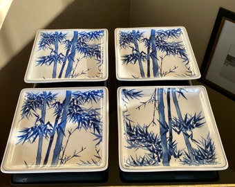 Vintage Japanese Blue and White Bamboo Tree Pattern Ceramic Glaze Square Sushi Dishes
