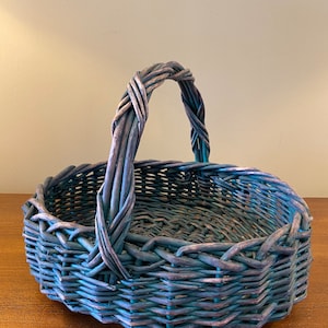 Vintage Teal-Blue Painted Primitive Style Rattan Basket with Double Woven Handle