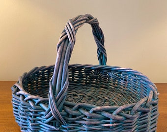 Vintage Teal-Blue Painted Primitive Style Rattan Basket with Double Woven Handle