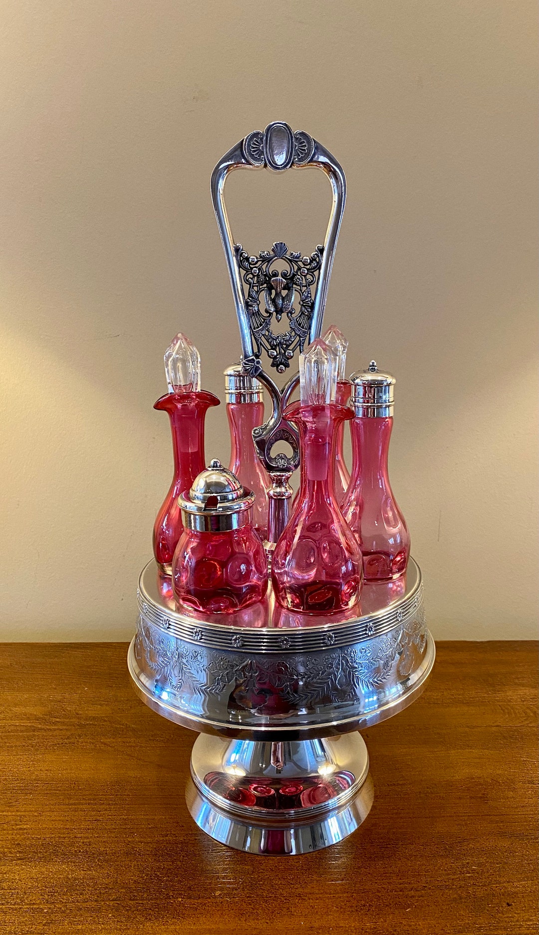 Antique Victorian Silver Plated Cranberry 6 Bottle Cruet Set - Etsy