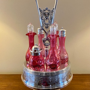 Antique Victorian Silver Plated Cranberry 6 Bottle Cruet Set