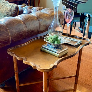 Vintage Leather Topped Tray Table / Coffee Table on Folding Solid Wood Reed Style &quot;X&quot; Base