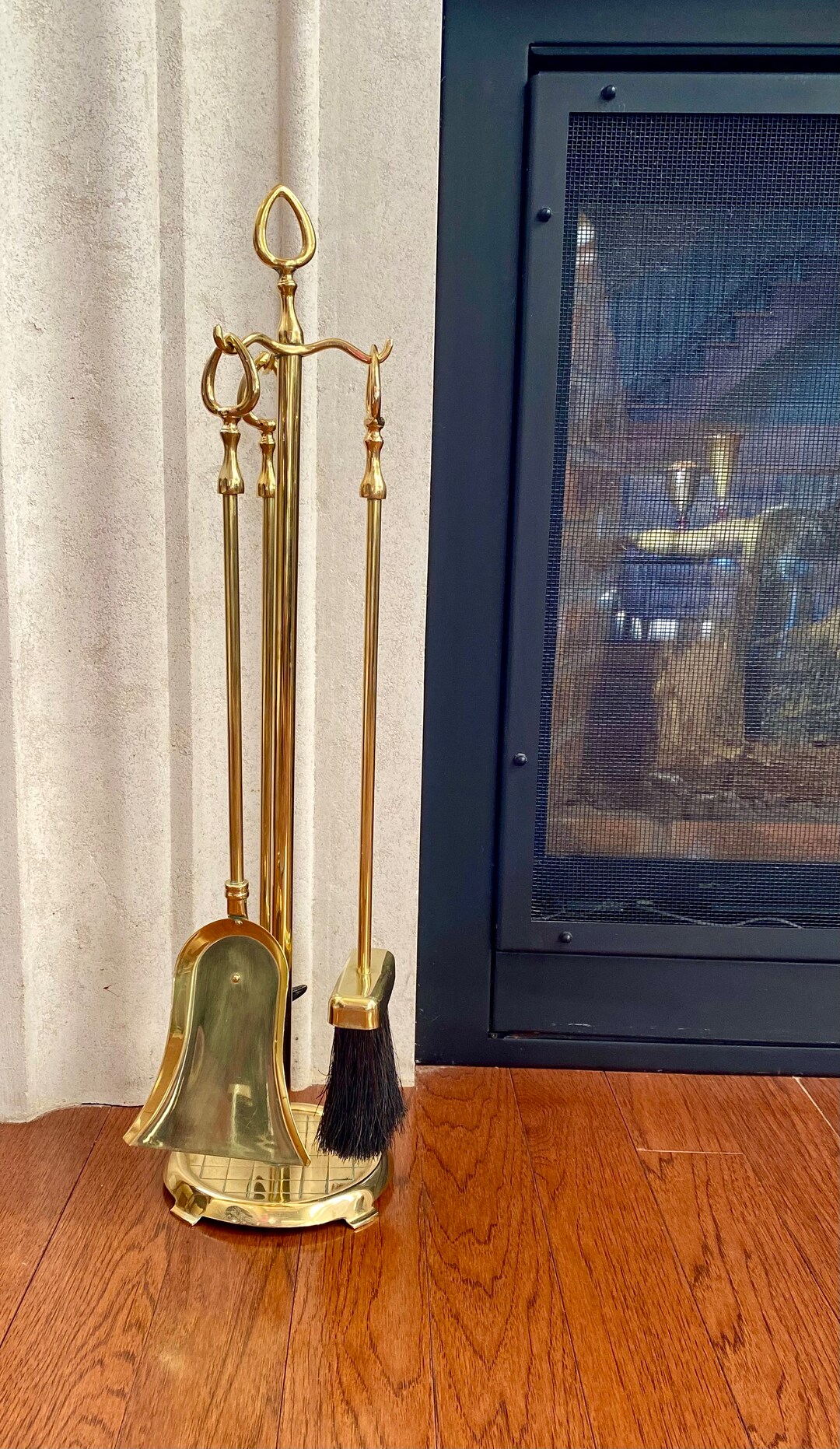 Vintage Brass Fireplace Tool Set With Stand Etsy