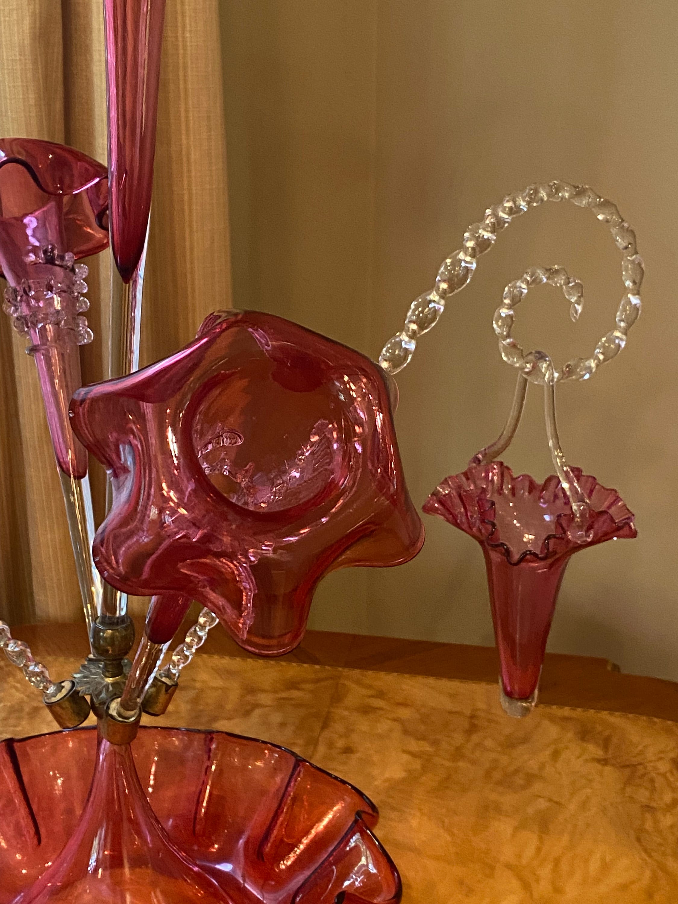 Antique Victorian Cranberry Glass Epergne, 3 Trumpets and 2