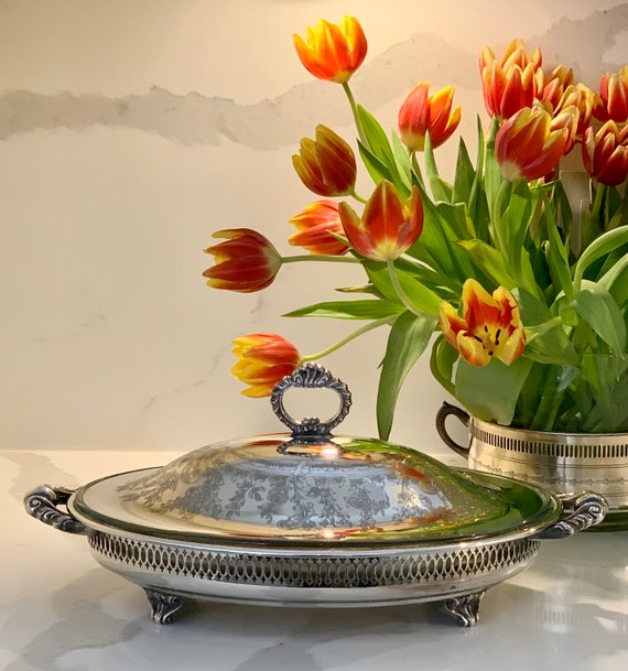 Vintage Oval Silver Platter with Glass Insert and Ornate Handles and Feet
