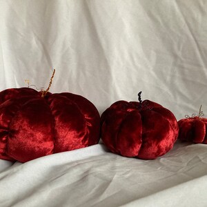 May include: Three velvet pumpkins in shades of burgundy, arranged in a row from largest to smallest. The pumpkins are made of a soft, plush fabric and have a slightly textured surface.