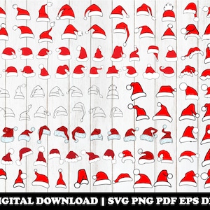 以下が含まれることがあります： さまざまなスタイルとポーズの赤と白のサンタ帽子のセット100個。帽子は黒で縁取られ、白いポンポンが上についています。帽子は白い木製の背景に並べて配置されています。デジタルダウンロード | SVG PNG PDF EPS DXF