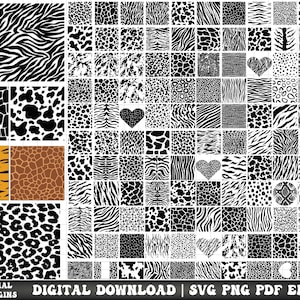 May include: A digital download graphic featuring 120 animal print designs. The designs include zebra stripes, leopard spots, giraffe patterns, and tiger stripes in black, white, and brown. The text at the bottom reads "X120 ANIMAL PRINT DESIGNS DIGITAL DOWNLOAD | SVG PNG PDF EPS DXF".