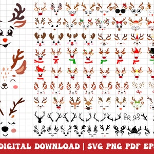 May include: A set of 140 digital clipart images of reindeer faces and antlers. The images are in various styles, including cartoon, whimsical, and traditional. The reindeer faces have different expressions, including happy, sad, surprised, and angry. The antlers are in various sizes and shapes. The images are perfect for creating holiday crafts, cards, and decorations.