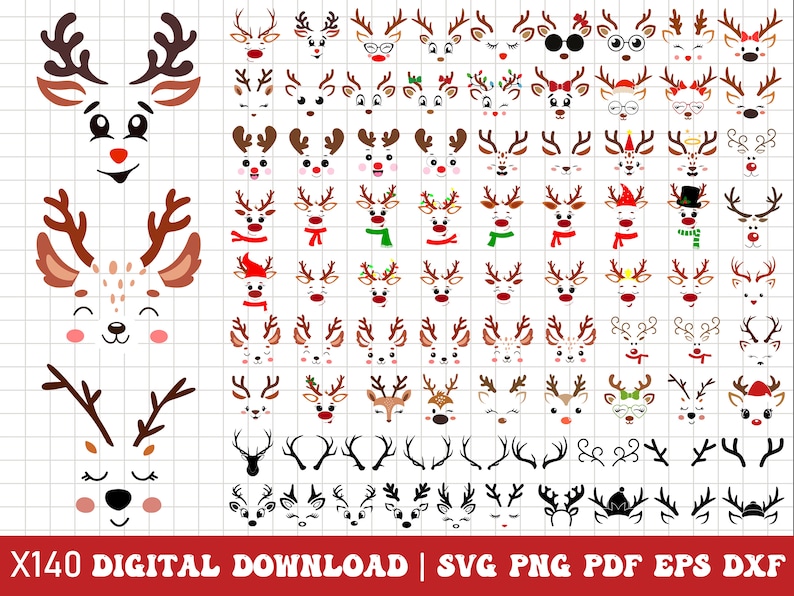 May include: A set of 140 digital clipart images of reindeer faces and antlers. The images are in various styles, including cartoon, whimsical, and traditional. The reindeer faces have different expressions, including happy, sad, surprised, and angry. The antlers are in various sizes and shapes. The images are perfect for creating holiday crafts, cards, and decorations.