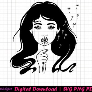 May include: Black and white illustration of a woman with long hair blowing on a dandelion. The woman is looking down at the dandelion and her hair is flowing in the wind.