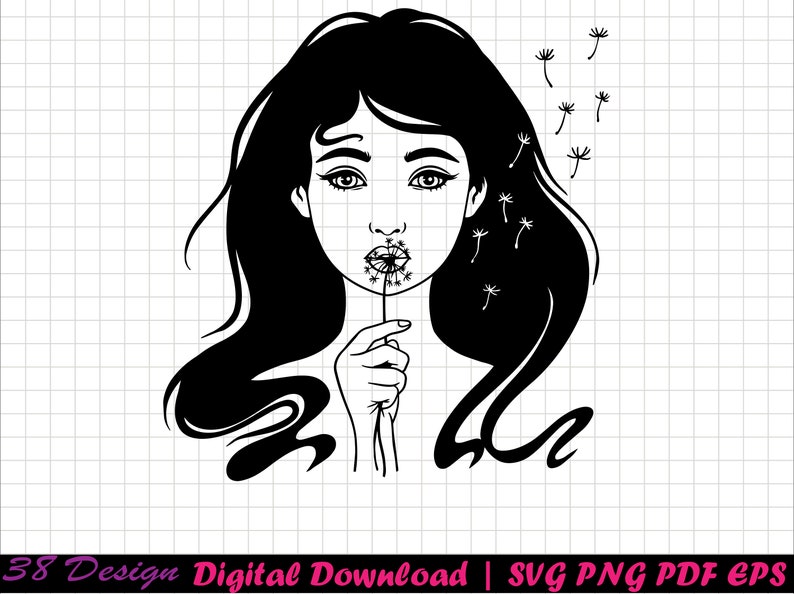 May include: Black and white illustration of a woman with long hair blowing on a dandelion. The woman is looking down at the dandelion and her hair is flowing in the wind.