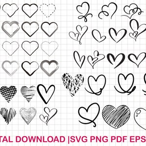 May include: A digital download of 40 black and white heart illustrations. The hearts are drawn in various styles, including simple outlines, filled-in shapes, and intricate designs. The hearts are perfect for use in crafting projects, scrapbooking, or digital design.