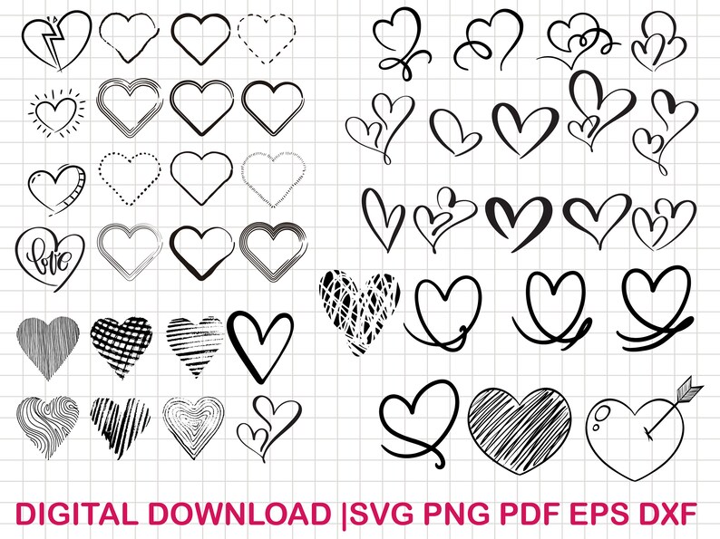 May include: A digital download of 40 black and white heart illustrations. The hearts are drawn in various styles, including simple outlines, filled-in shapes, and intricate designs. The hearts are perfect for use in crafting projects, scrapbooking, or digital design.