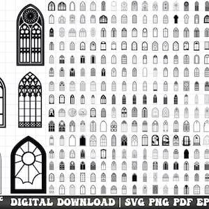 Può includere: Una collezione di 280 disegni di finestre gotiche in bianco e nero. L'immagine include vari stili di finestre ad arco e a sesto acuto, adatte per il download digitale. Il testo in basso recita "280 GOTHIC WINDOWS DIGITAL DOWNLOAD | SVG PNG PDF EPS DXF".